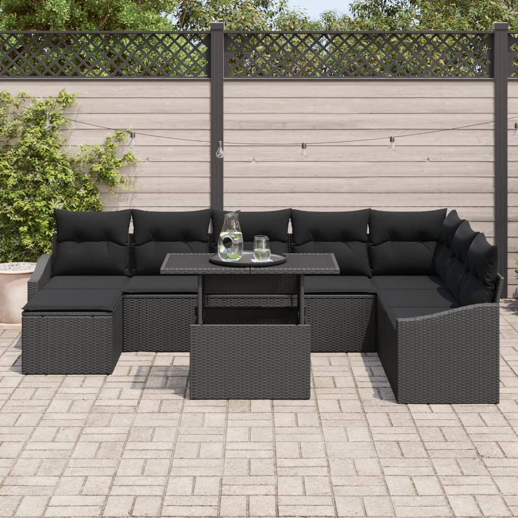 Conjunto de Sofá de Jardim de 9 Peças com Almofadas Preto em Rattan Si
