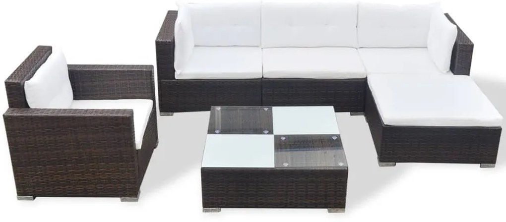 6 pcs conjunto lounge jardim c/ almofadões vime PE castanho
