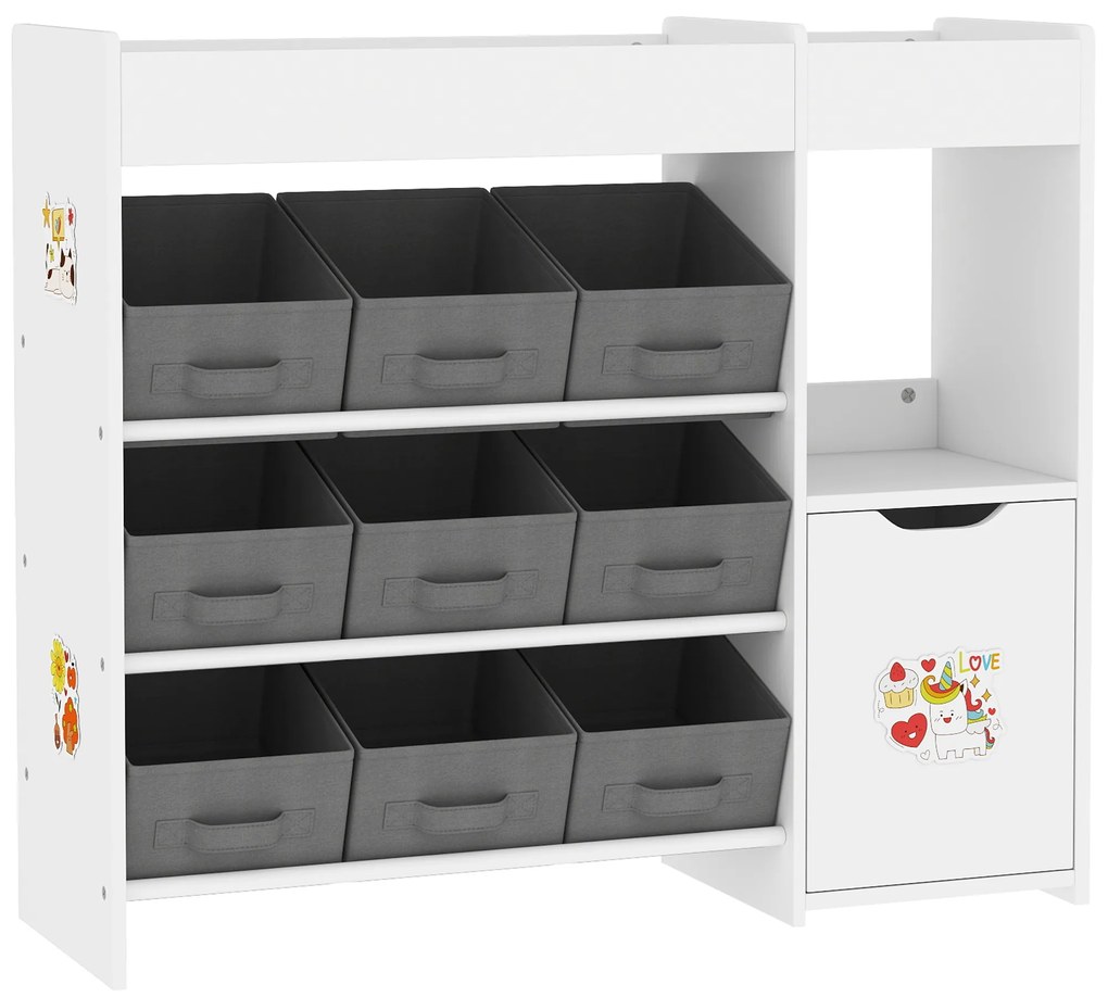 Organizador de Brinquedos para Crianças com 9 Cestos Amovíveis Compartimentos e Autocolantes  92x30x80 cm Branco e Cinza