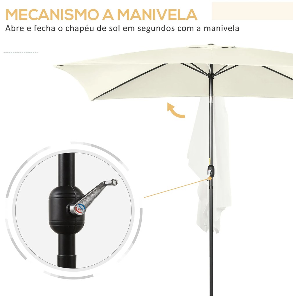 Chapéu de Sol de Alumínio Retangular com Toldo Inclinável a Manivela e Mastro Desmontável 195x295x253 cm Creme