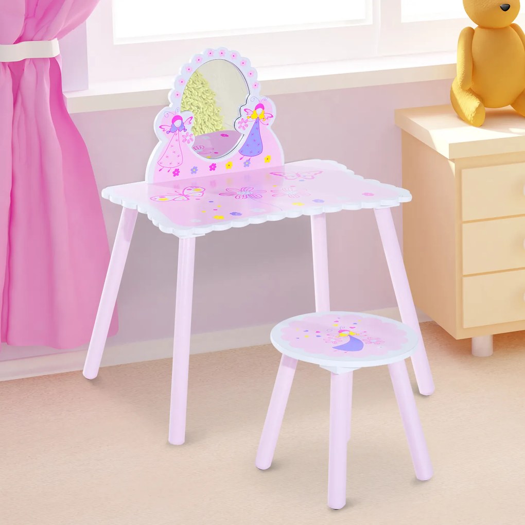 HomCom Mesa de Maquilhagem para crianças com espelho e banco Madeira 59x39x82 cm Rosa