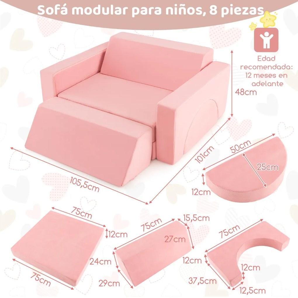 Conjunto de sofá modular de 8 peças para crianças com mais de 12 meses com cobertura amovível crianças Rosa