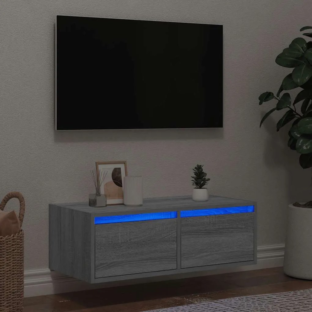 Móvel de TV com luzes LED 75x35,5x25 cm cinzento sonoma