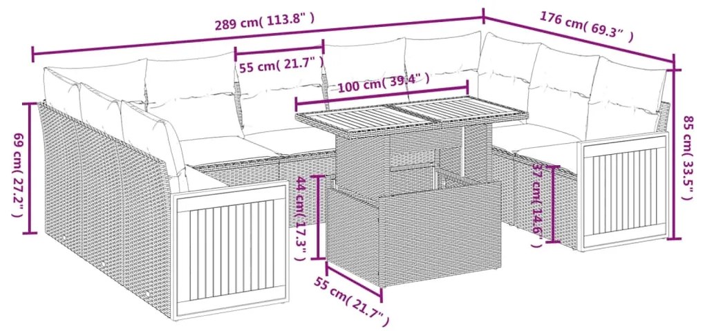 10 pcs conjunto de sofás p/ jardim com almofadões vime PE bege