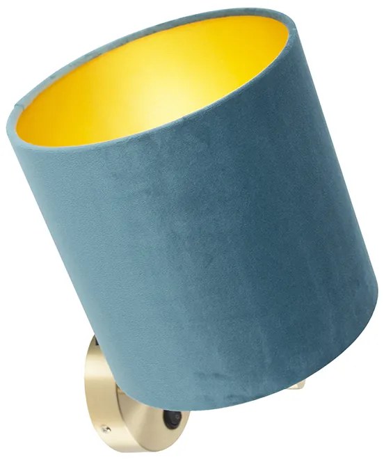 Candeeiro de parede elegante dourado com abajur de veludo azul - Matt Moderno