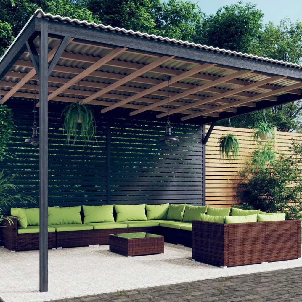 vidaXL 11 pcs conjunto lounge jardim c/ almofadões vime PE castanho