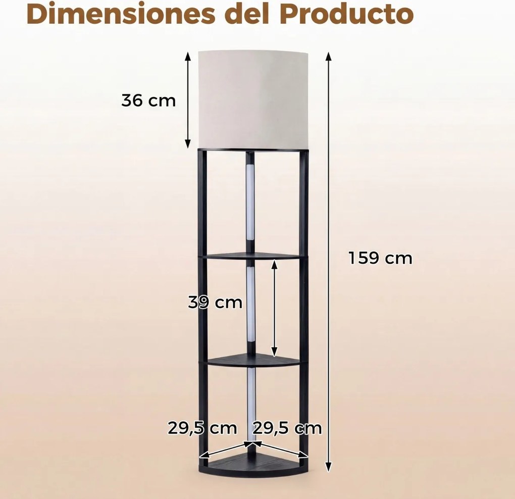 Candeeiro de pé moderno com prateleiras de 3 níveis Luzes LED reguláveis Abajur de linho Interruptor de pé para sala de estar ou quarto Preto