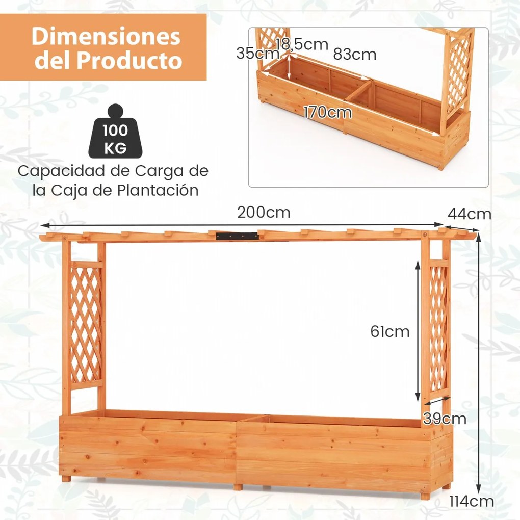 Floreira elevada de madeira com treliça em arco com Furo de drenagem Contentor para pátio 200 x 114 cm Laranja