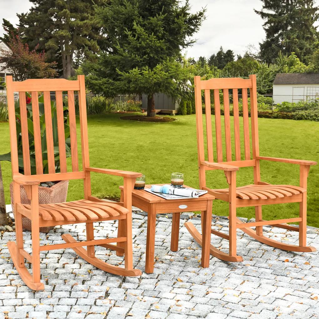 Conjunto de jardim de 3 peças 2 cadeiras de balanço e 1 mesa de centro de madeira de eucalipto para varanda externa