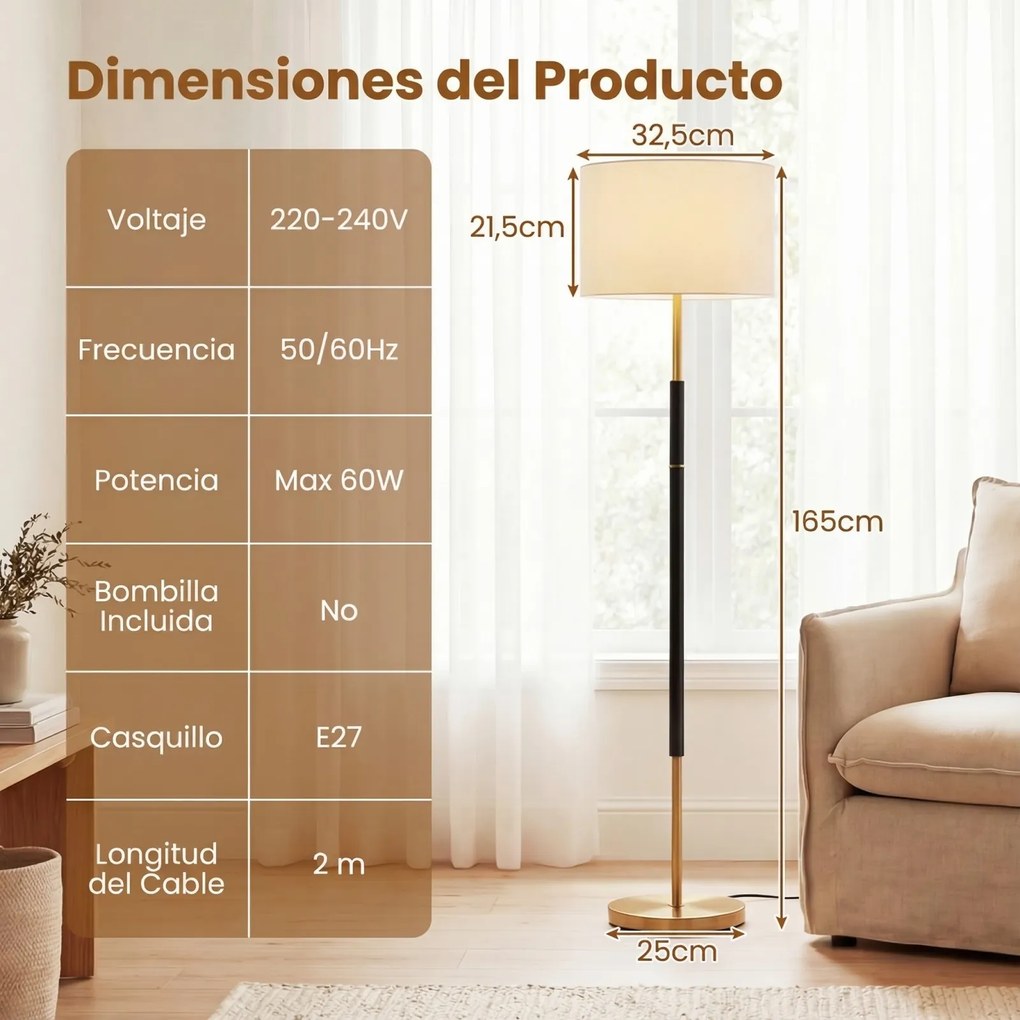 Candeeiro de pé moderno com abajur de linho, interruptor de pé, Estrutura metálica, casquilho E27 e cabo de 2 m para quarto, sala de estar e escritóri