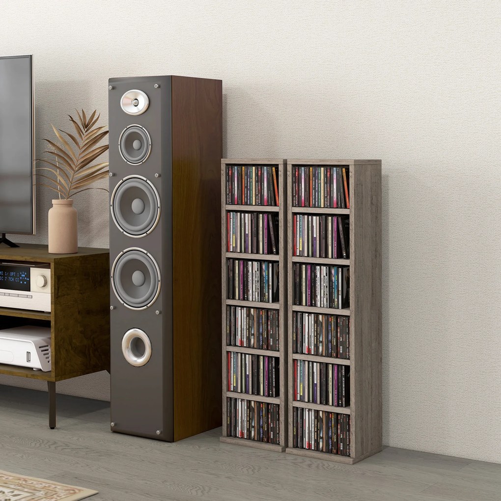 Conjunto de 2 estantes verticais para arrumação de CDs e DVDs, com 12 compartimentos, 21 x 22,5 x 88,5 cm, capacidade para 204 CDs, cinzento escuro