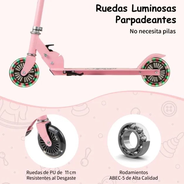 Trotinete dobrável para crianças com 2 rodas intermitentes Guiador ajustável Sistema de travão traseiro com apoios para os pés para crianças a partir