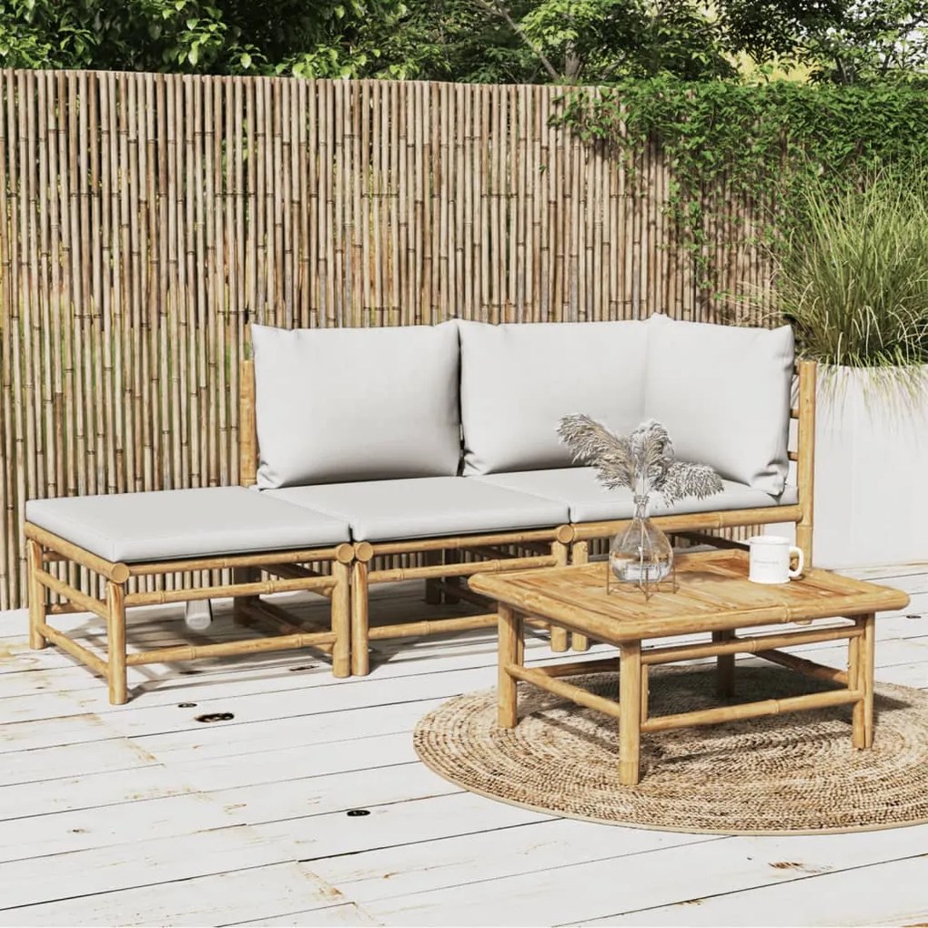 vidaXL 3 pcs conj. lounge de jardim bambu c/ almofadões cinzento-claro