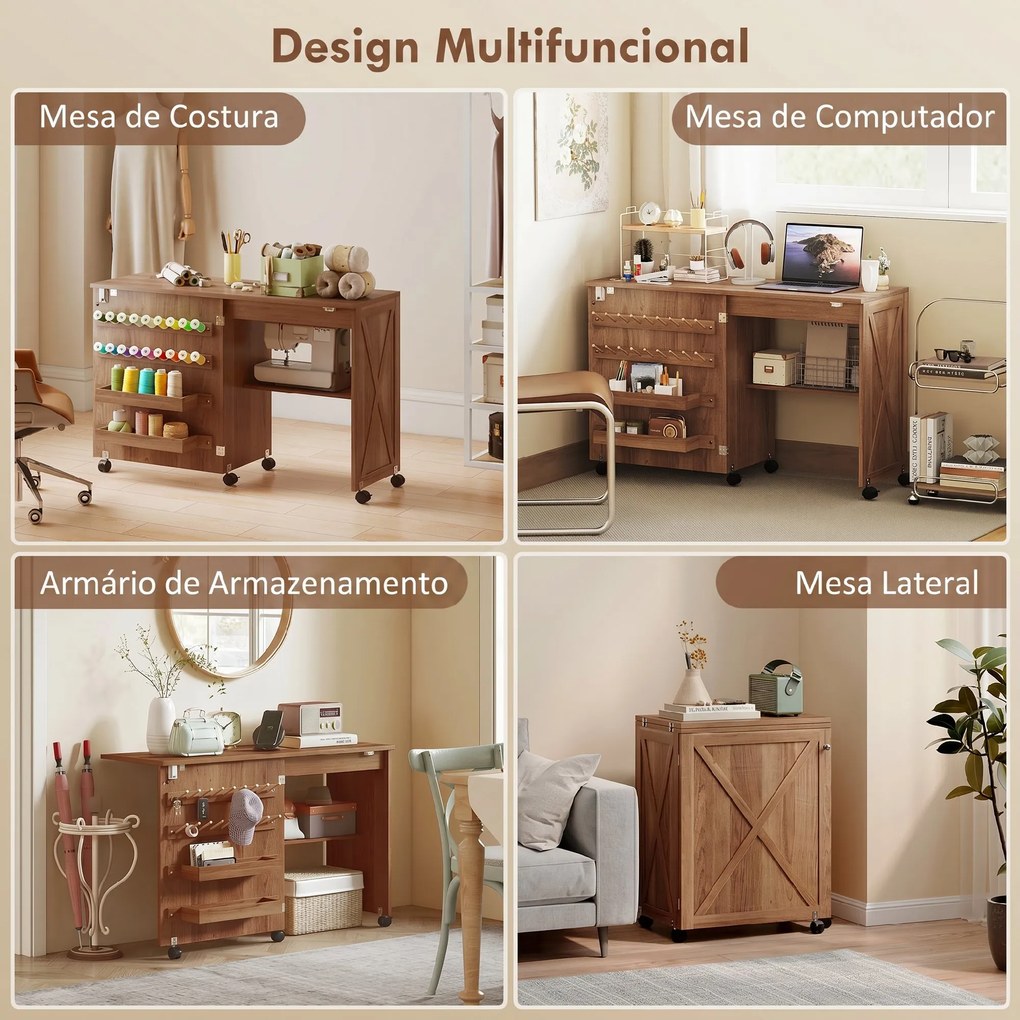 Mesa para Máquina de Costura Dobrável com Porta Magnética, 2 Compartimentos, Prateleira, 18 Suportes para Linhas e 5 Rodas, Castanho