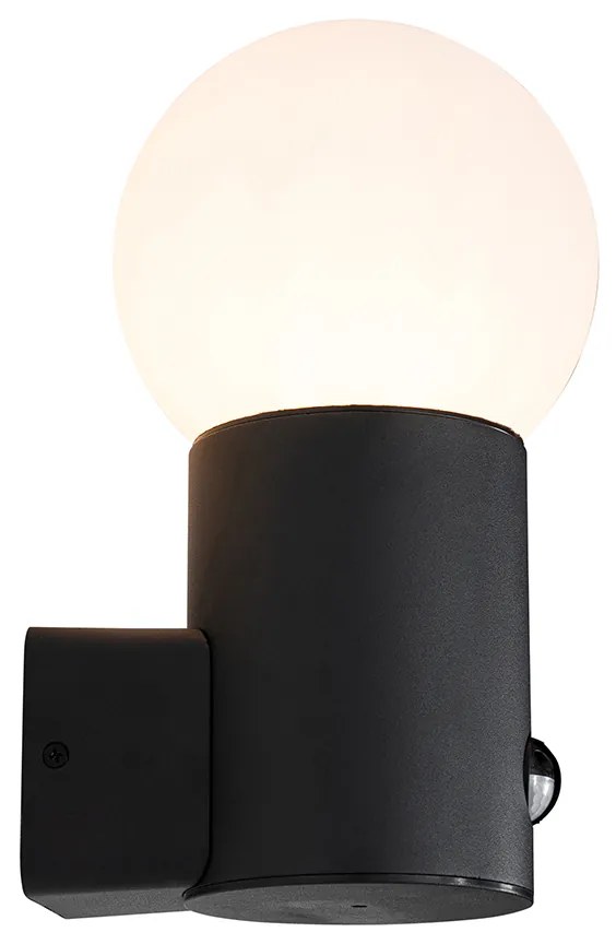 Candeeiro de parede exterior preto com vidro opalino com sensor de movimento - Huma Moderno