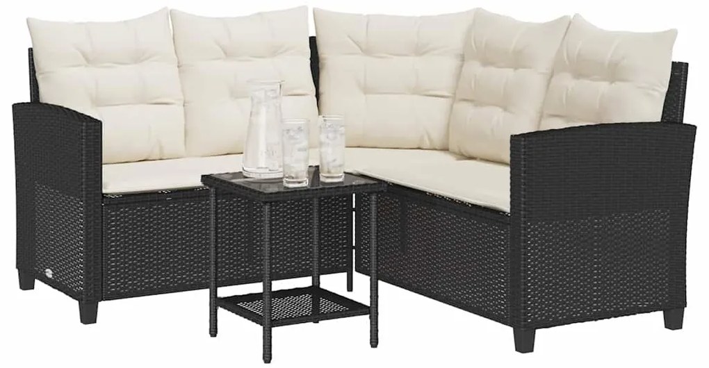 Sofá de jardim em forma de L c/ mesa e almofadões vime PE preto