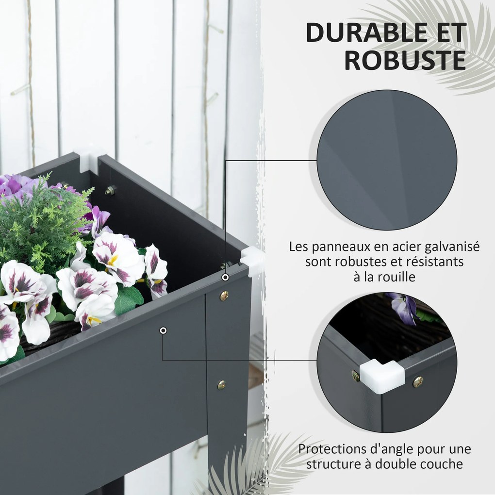 Floreira com pés 100 x 30 x 80 cm, para horta, com orifício de drenagem, em aço galvanizado, ,cinzenta