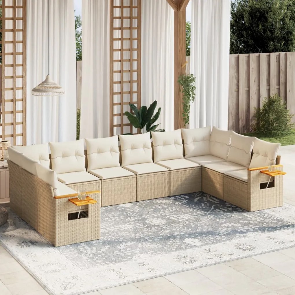 10 pcs conjunto de sofás p/ jardim com almofadões vime PE bege