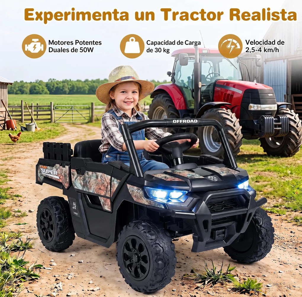 Carrinho Elétrico Infantil 12V para crianaças 2 a 5 anos, 99 x 54 x 52 cm, Caixa Traseira, Preto