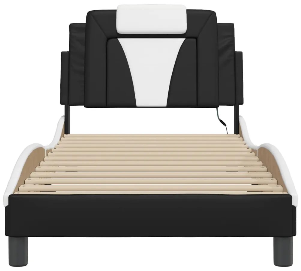 Estrutura cama c/ luzes LED 90x200 cm couro artif. preto/branco
