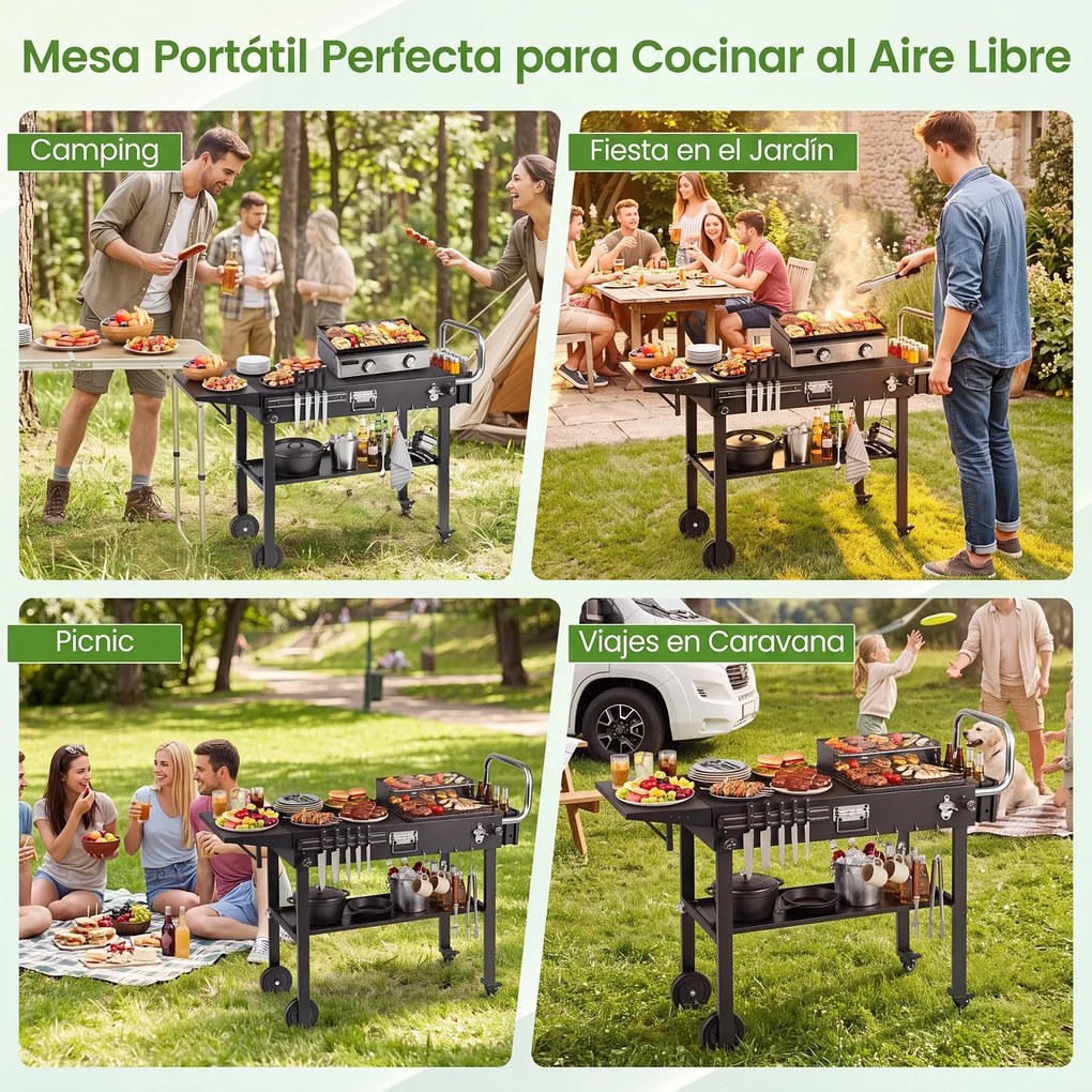 Carrinho Auxiliar para Churrasco com Rodas, 118 x 43 x 88 cm, Dobrável, Preto