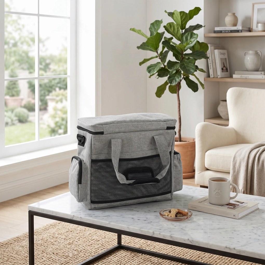 Saco de transporte para cães com bolsos, 2 sacos para ração, tigela dobrável, divisória ajustável, 38 x 17 x 35 cm, cinzento claro