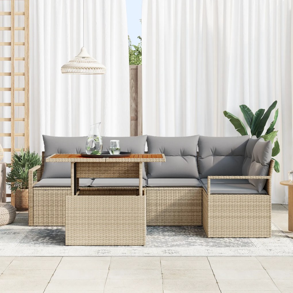 Conjunto de Sofás de Jardim de 6 Peças com Almofadas Bege em Vime Poli