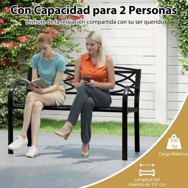 Banco de jardim de 116 cm 49 x 116 x 83 cm para 2 pessoas em metal resistente com braços e encosto curvos Preto