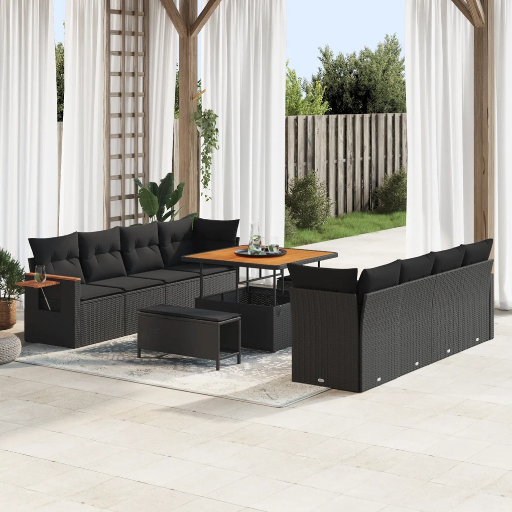 vidaXL Conjunto de Sofás de Jardim de 11 Peças com Almofadas Preto Vime Sintético Acácia