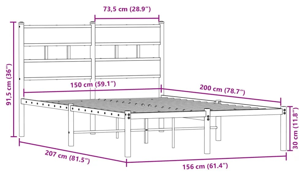 Estrutura de cama sem colchão 150x200 cm metal carvalho fumado