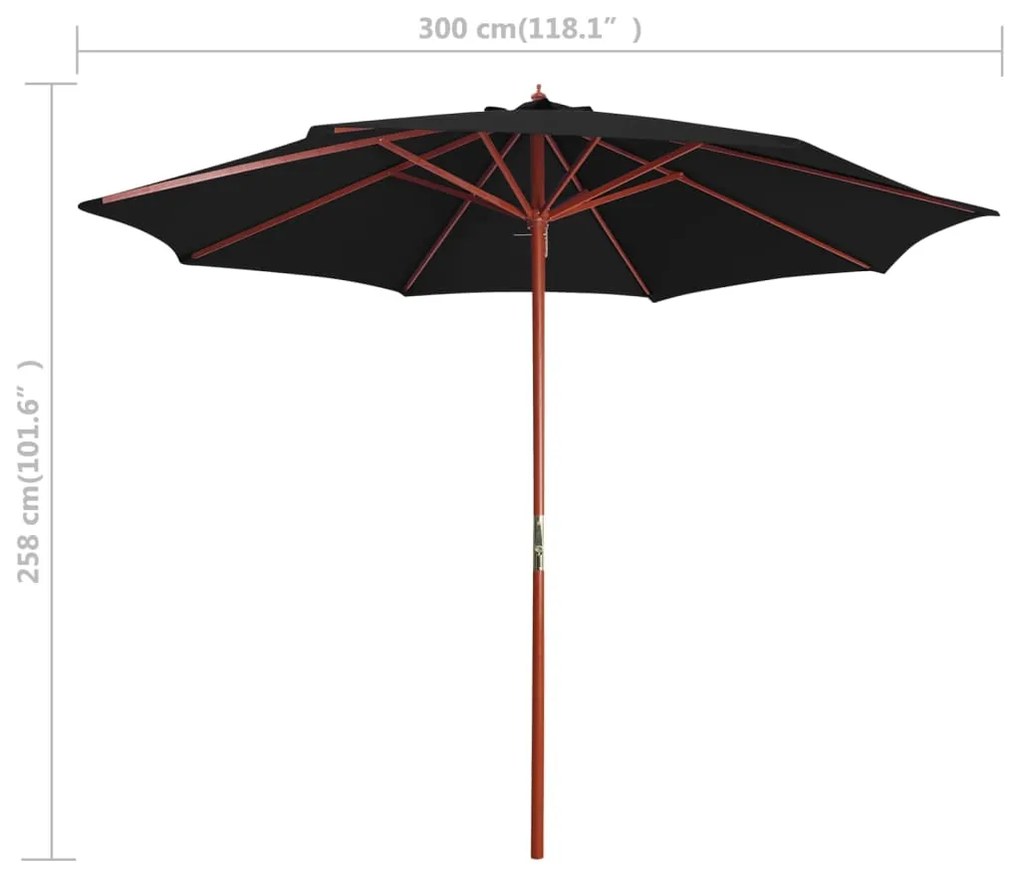 Guarda-sol com mastro de madeira 300x258 cm preto