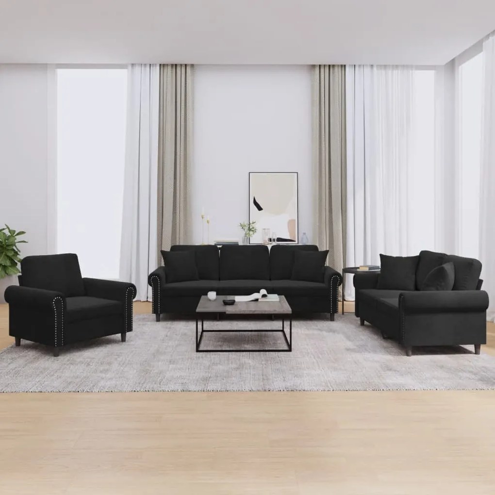 3 pcs conjunto de sofás com almofadas veludo preto