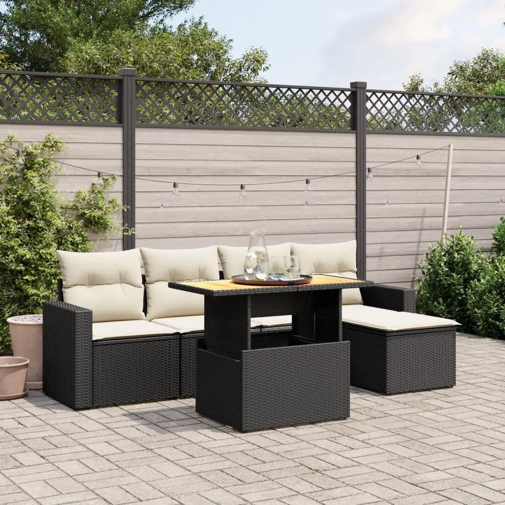 6 pcs conjunto sofás de jardim c/ almofadões vime PE preto
