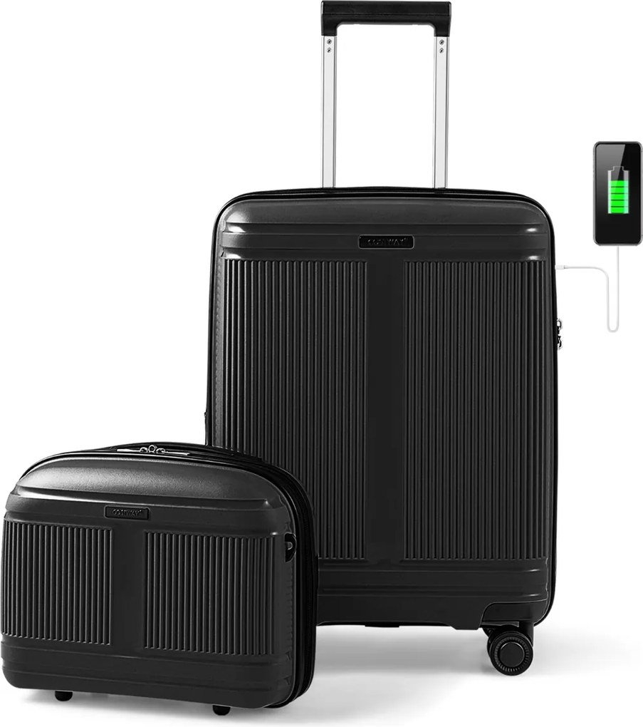 Conjunto 2 Malas de Viagem: mala de mão de 20“ e estojo cosmético de 14” com porta USB. Estrutura em PP com fechadura Preta