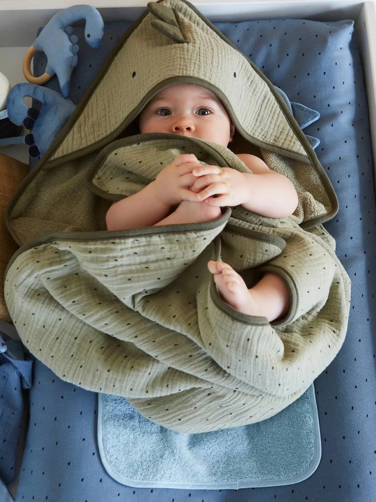 Capa de banho + luva de banho para bebé, em gaze de algodão, tema Pequeno Dinossauro verde medio liso com motivo