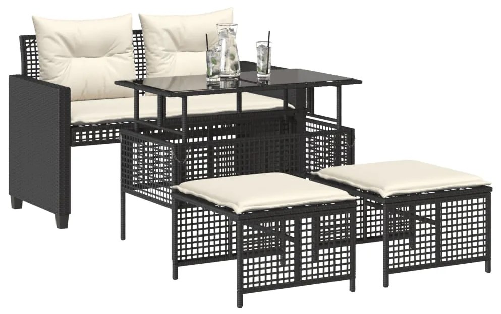 4 pcs conj. sofás p/ jardim c/ almofadões vime PE/vidro preto