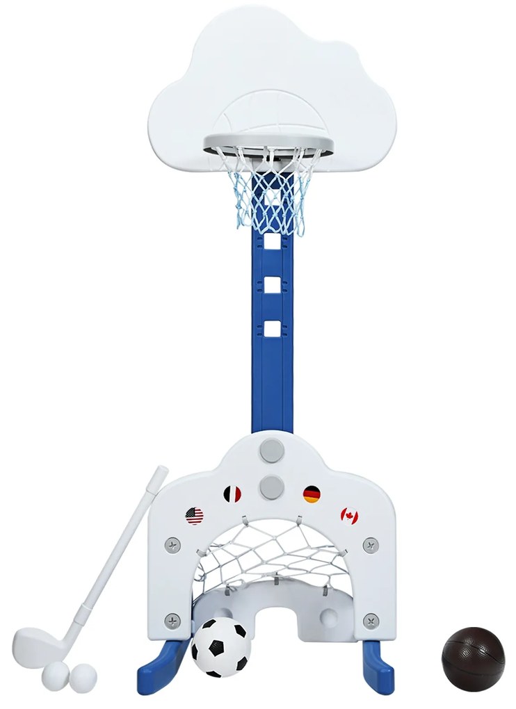 Cesto de basquetebol 3 em 1 leve e estável com altura ajustável e jogo de golfe para crianças 56 x 50,5 x 149 cm branco
