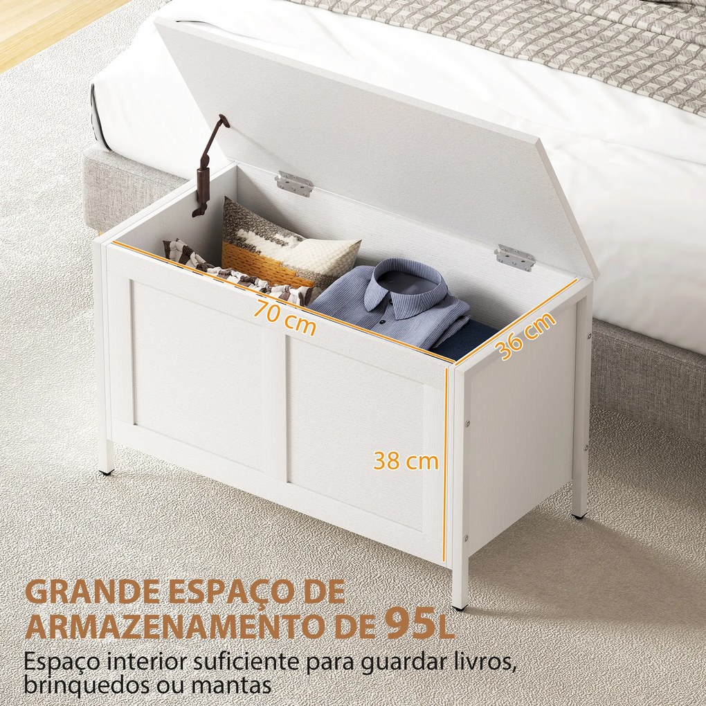 Baú de Armazenamento 95L Baú de Arrumação com Tampa Banco de Armazenamento com Dobradiça de Segurança 80x40x50 cm Branco