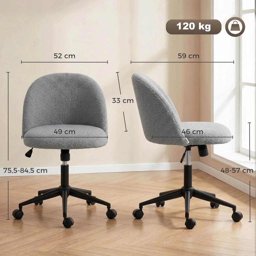 Cadeira de Escritório Ergonómica, 59 x 52 x 84,5 cm, Altura Ajustável, Cinzenta