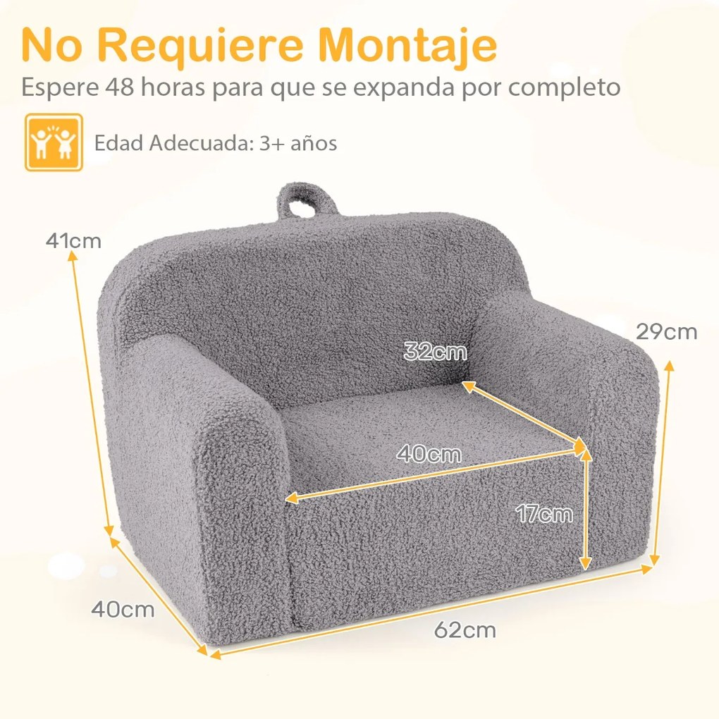 Sofá para crianças, espuma de alta densidade, capa de pelúcia com fecho, lavável, alça de transporte, antiderrapante, a partir dos 3 anos, cinzento