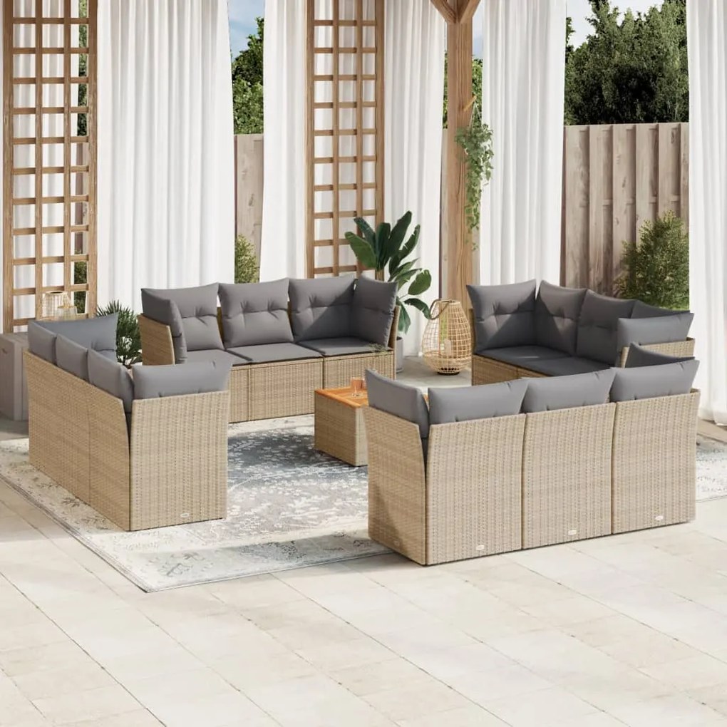 13 pcs conjunto de sofás p/ jardim com almofadões vime PE bege