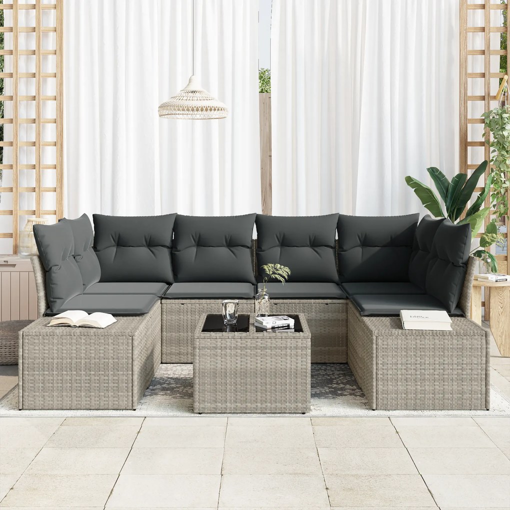 Conjunto de Sofás de Jardim de 7 peças com Almofadas Cinzento-Claro Po