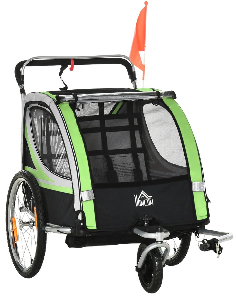HOMCOM Reboque de Bicicleta para Crianças acima de 18 Meses 2 em 1 Carrinho de Passeio de 2 Lugares 142x75x101cm Verde | Aosom Portugal