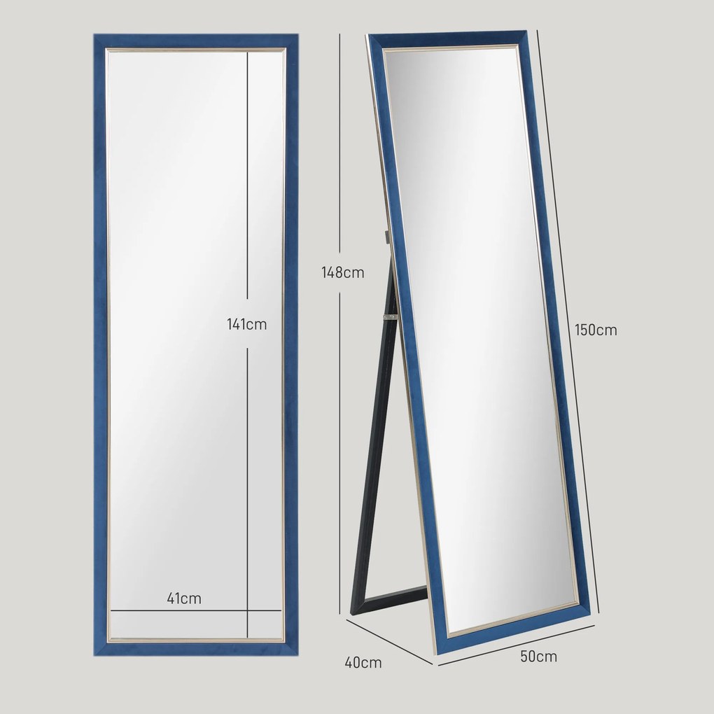 Espelho de Pé 50x150 cm Espelho de Corpo Inteiro com Estrutura em Veludo e Suporte para Sala de Estar Dormitório Azul