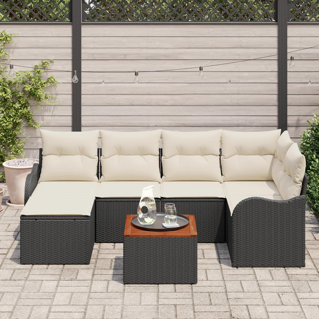 Conjunto de Sofá de Jardim vidaXL de 7 Peças com Almofadas Preto de Ra
