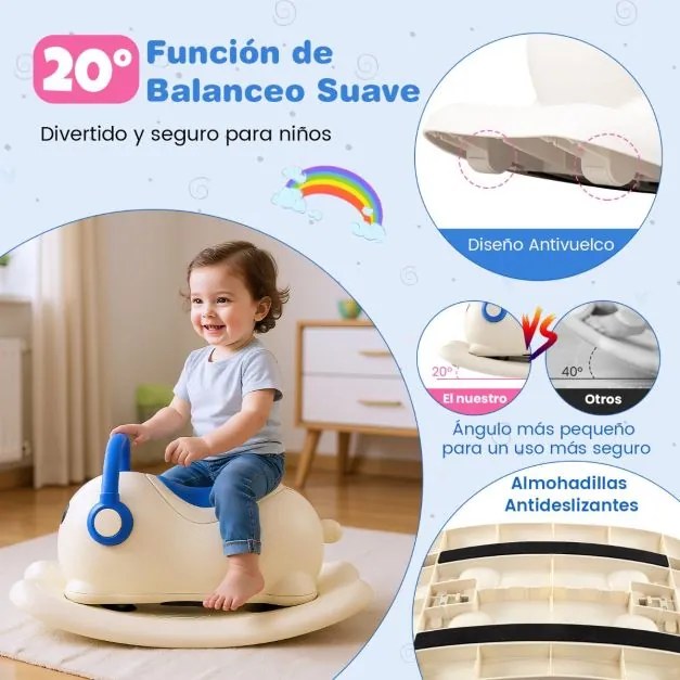 Cavalo de baloiço 3 em 1 para crianças com armazenamento oculto, conversível em prancha de equilíbrio removível, 64 x 34 x 36 cm, azul e branco