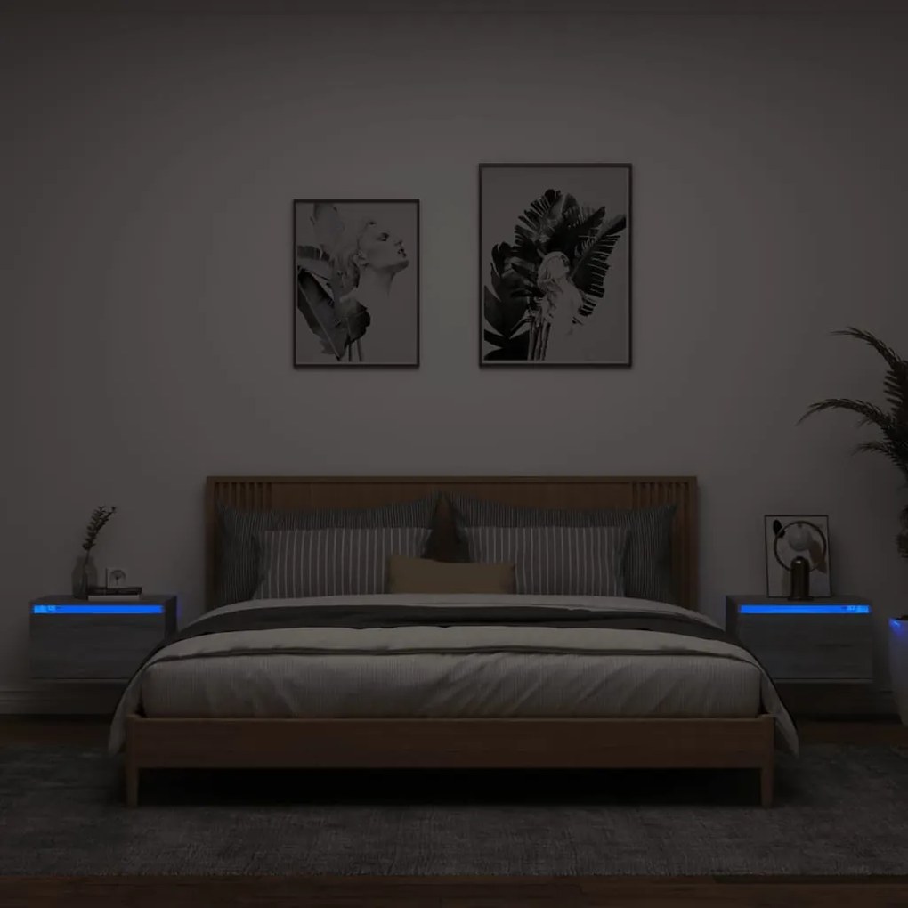vidaXL Mesas de cabeceira de parede com luzes LED 2pcs cinzento sonoma