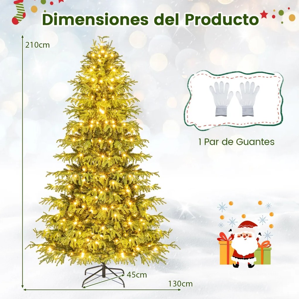Árvore de Natal artificial de 210 cm pré-iluminada com 370 luzes LED brancas quentes 1090 ramos de PE e PVC e base metálica verde
