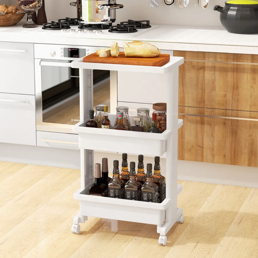 Carrinho de cozinha, Casa de banho 3 níveis com rodas para mesa utilitária de plástico 45 x 30 x 81 cm Branco