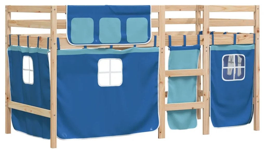 Cama alta p/ criança c/ cortinas 90x200 cm pinho maciço azul